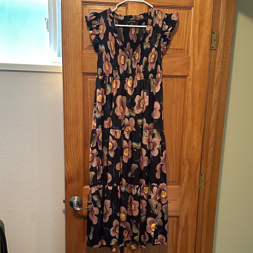 Jacqui E Black Maxi Dress with Pink and Yellow Floral Print